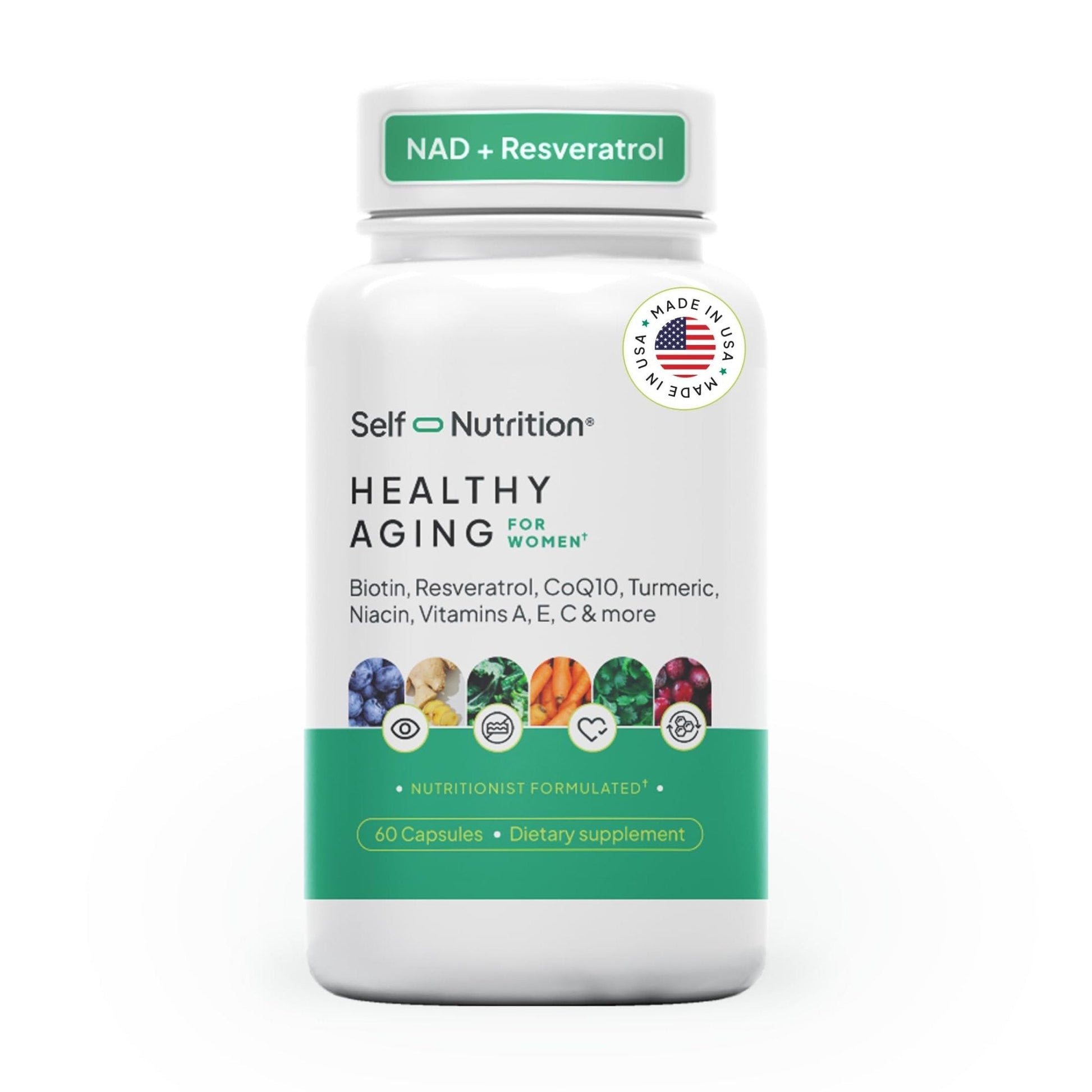 SELF NUTRITION NAD+ Resveratrol Supplement for Women – Healthy Aging Formula with CoQ10, Biotin, Turmeric & Vitamins A, C, E – Supports Energy, Skin & Longevity – 60 Capsules. Made in USA. - Maple Wellness Supplements
