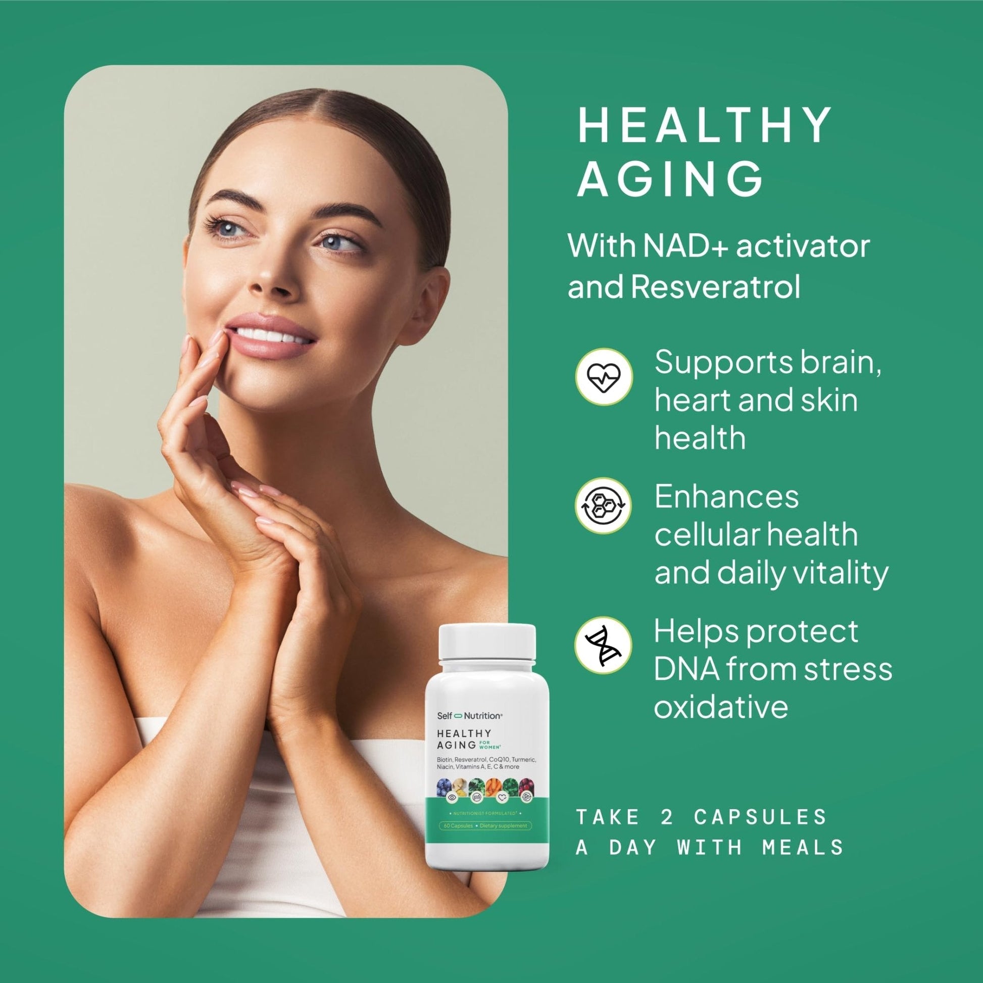 SELF NUTRITION NAD+ Resveratrol Supplement for Women – Healthy Aging Formula with CoQ10, Biotin, Turmeric & Vitamins A, C, E – Supports Energy, Skin & Longevity – 60 Capsules. Made in USA. - Maple Wellness Supplements