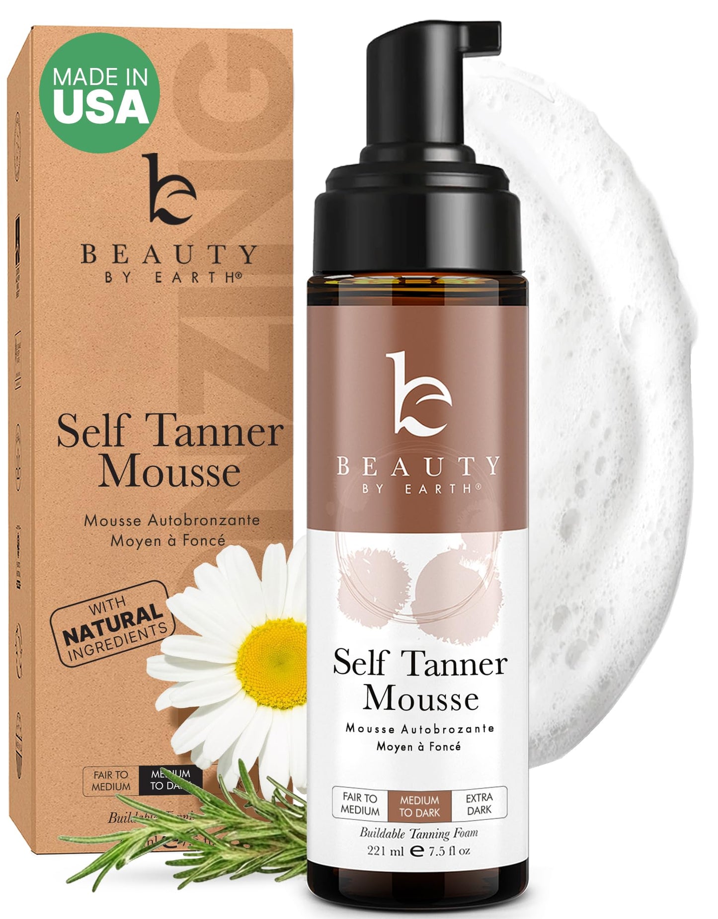 Self Tanner Mousse - USA Made with Natural & Organic Ingredients, Self Tanning Mousse for Dark Fake Tan, Sunless Tanner - Maple Wellness Supplements