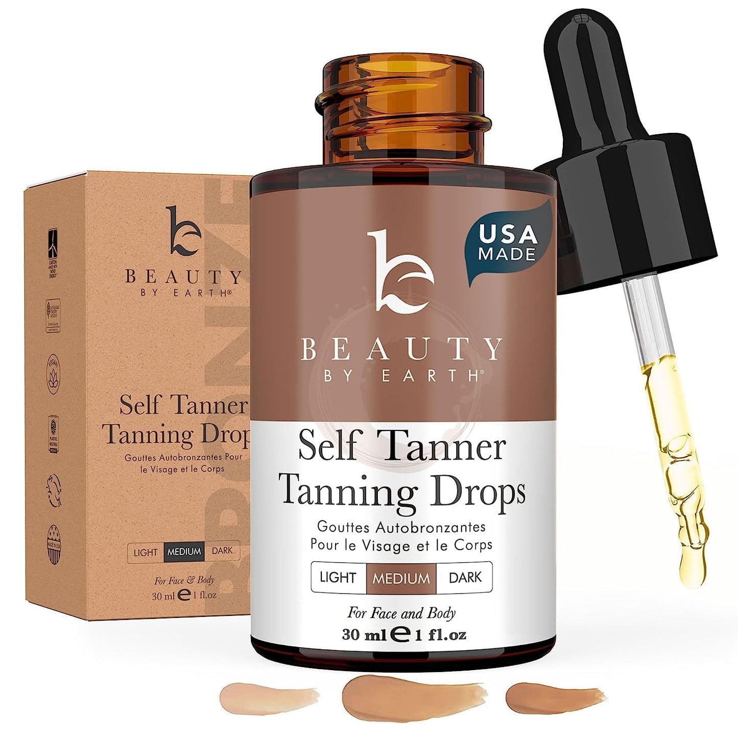 Self Tanning Drops - USA Made with Natural & Organic Ingredients, Medium Face Tanning Drops to Add to Lotion - Maple Wellness Supplements