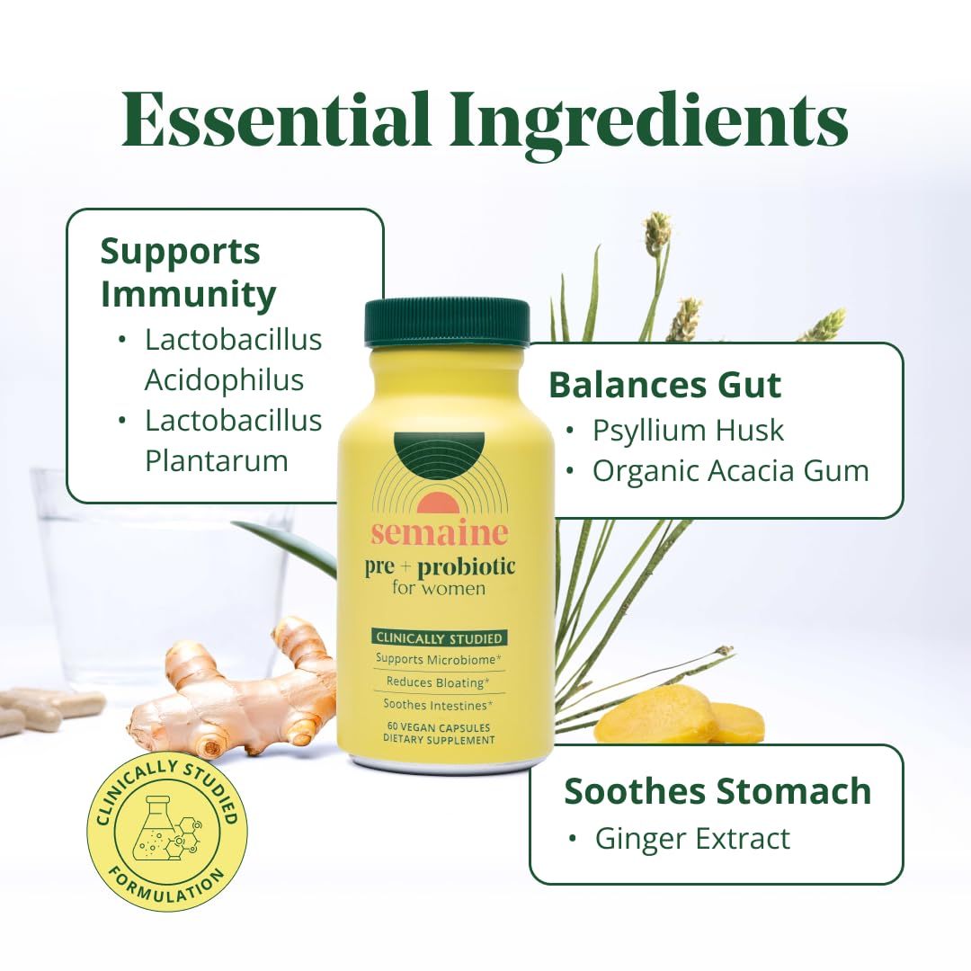 Semaine Super Powered Prebiotic + Probiotic for Women, Effective 3-in-1 Multi-Action Formula to Nourish Gut Health, Soothe IBS, Support Bloat Relief - Maple Wellness Supplements