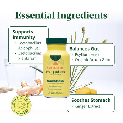 Semaine Super Powered Prebiotic + Probiotic for Women, Effective 3-in-1 Multi-Action Formula to Nourish Gut Health, Soothe IBS, Support Bloat Relief - Maple Wellness Supplements