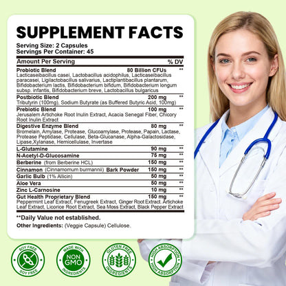 SEPT YAN Gut Health Supplement with Prebiotics, Postbiotics & Probiotics for Digestive Health for Women & Men, 80 Billion CFU Probiotics for Gut and Digestion - Maple Wellness Supplements