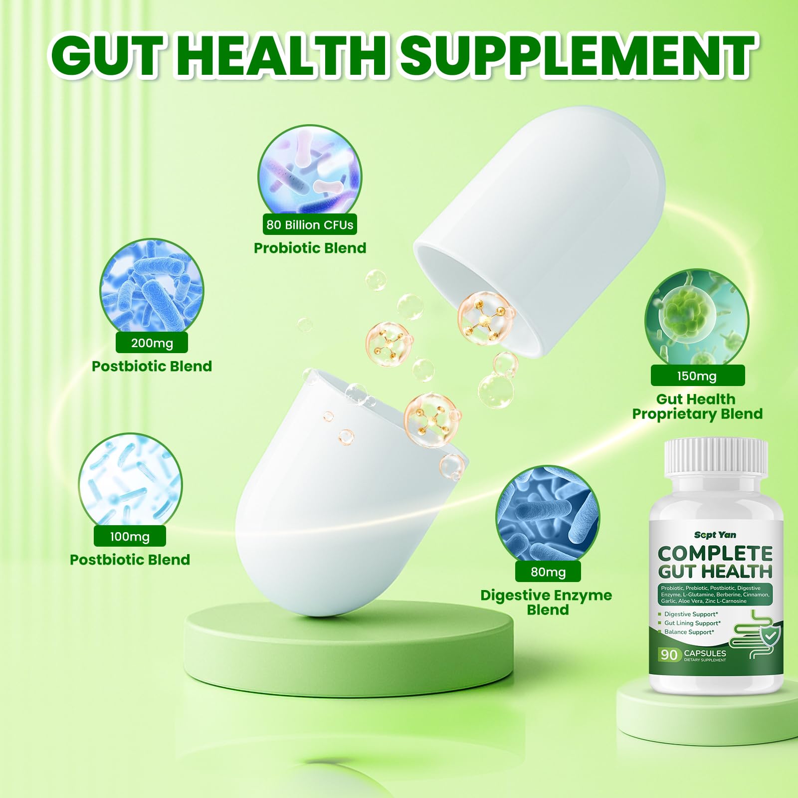 SEPT YAN Gut Health Supplement with Prebiotics, Postbiotics & Probiotics for Digestive Health for Women & Men, 80 Billion CFU Probiotics for Gut and Digestion - Maple Wellness Supplements