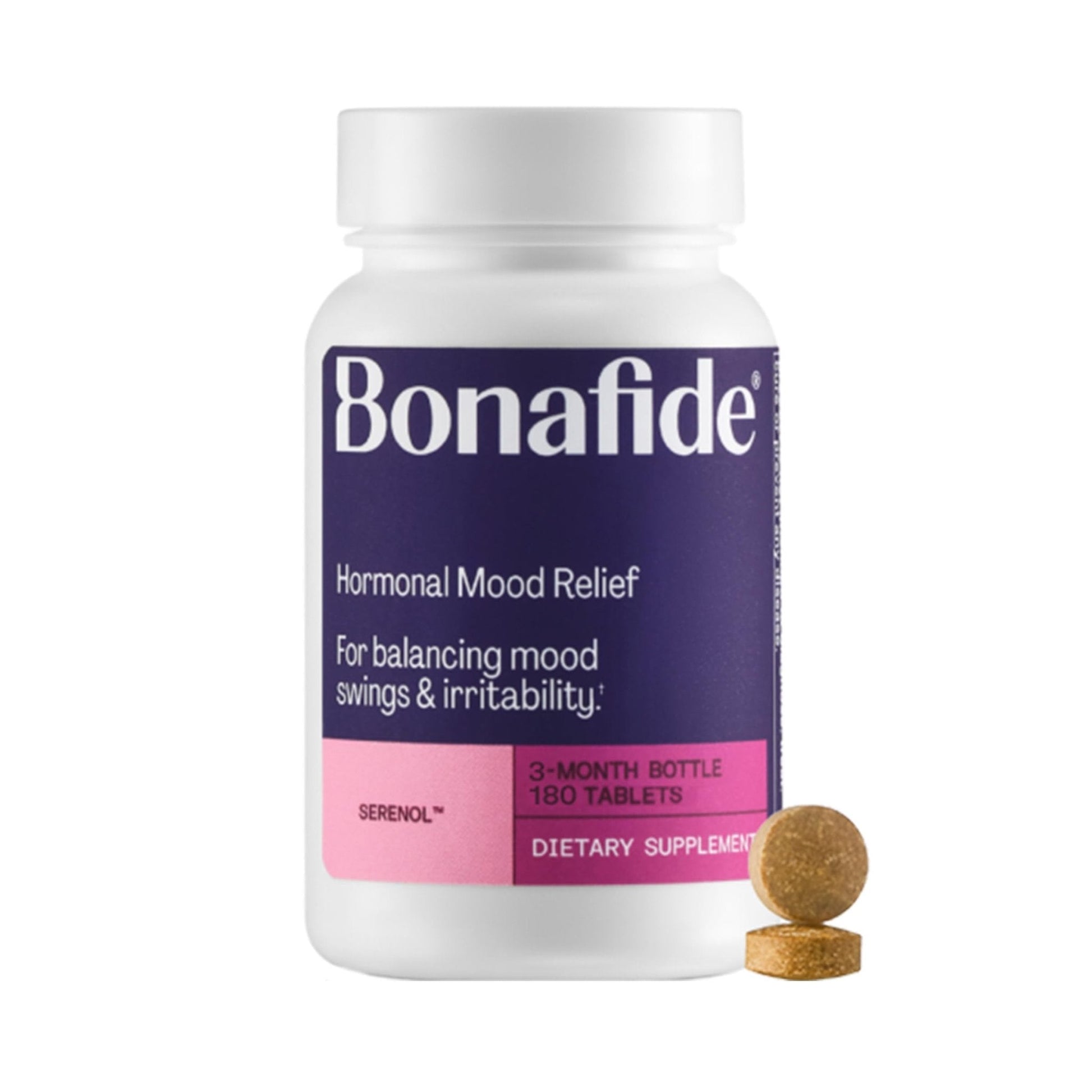 Serenol by Bonafide. Relief from Hormonal Mood Swings, Irritability, & PMS Bloating. — 3-Month Supply (180 Tablets) - Maple Wellness Supplements