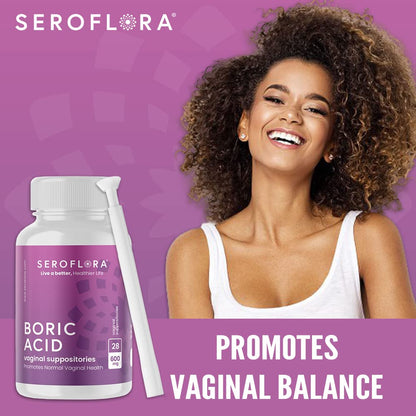 Seroflora Boric Acid Vaginal Suppositories 600mg – 30 Count with 7 Applicators for Odor Control & pH Balance Feminine Hygiene Support, Natural Intimate Care, Made in USA - Maple Wellness Supplements