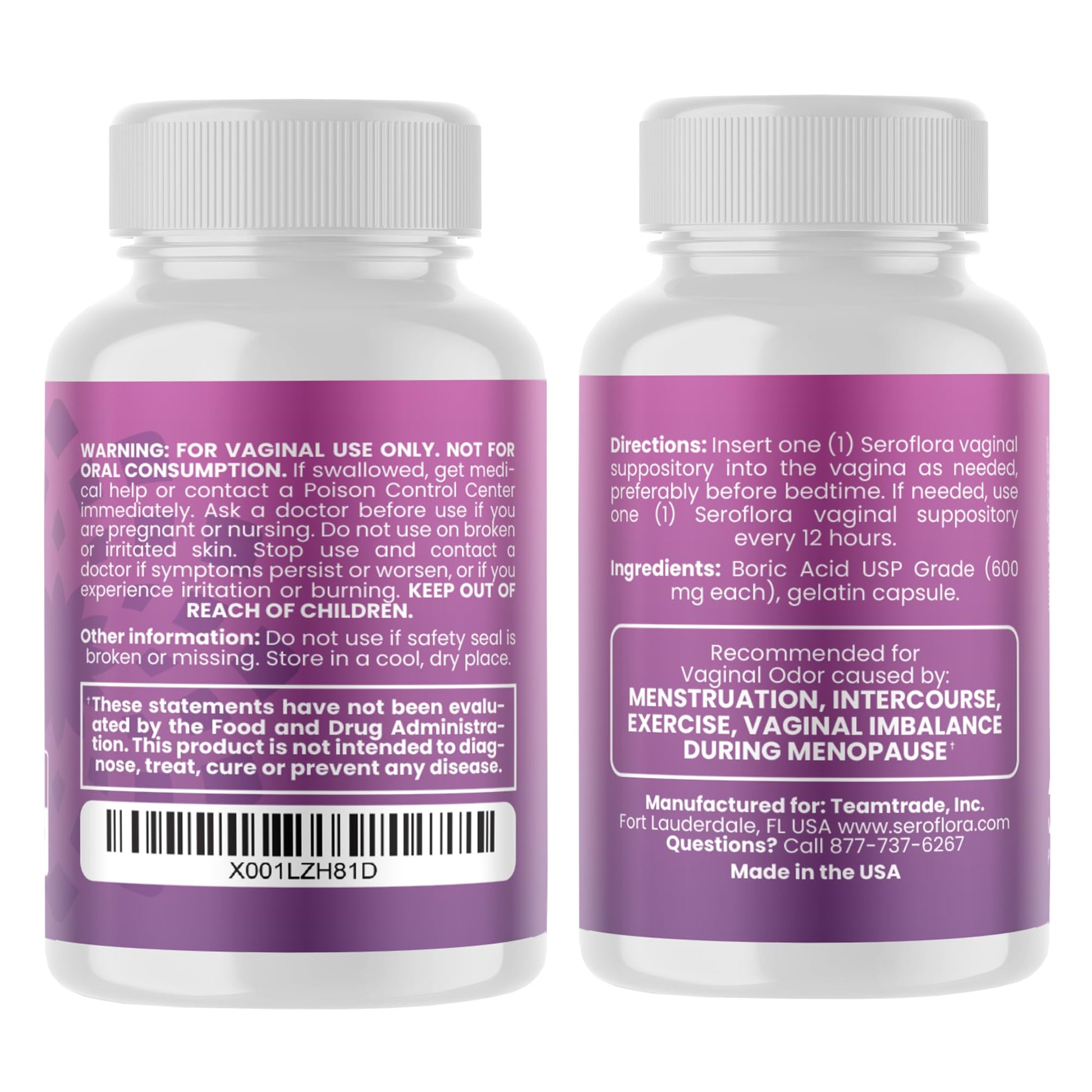 Seroflora Boric Acid Vaginal Suppositories for Women + 1 Suppository Applicator - Helps Support Vaginal Odor pH Balance, Yeast Infection and Bacterial Vaginosis - Maple Wellness Supplements