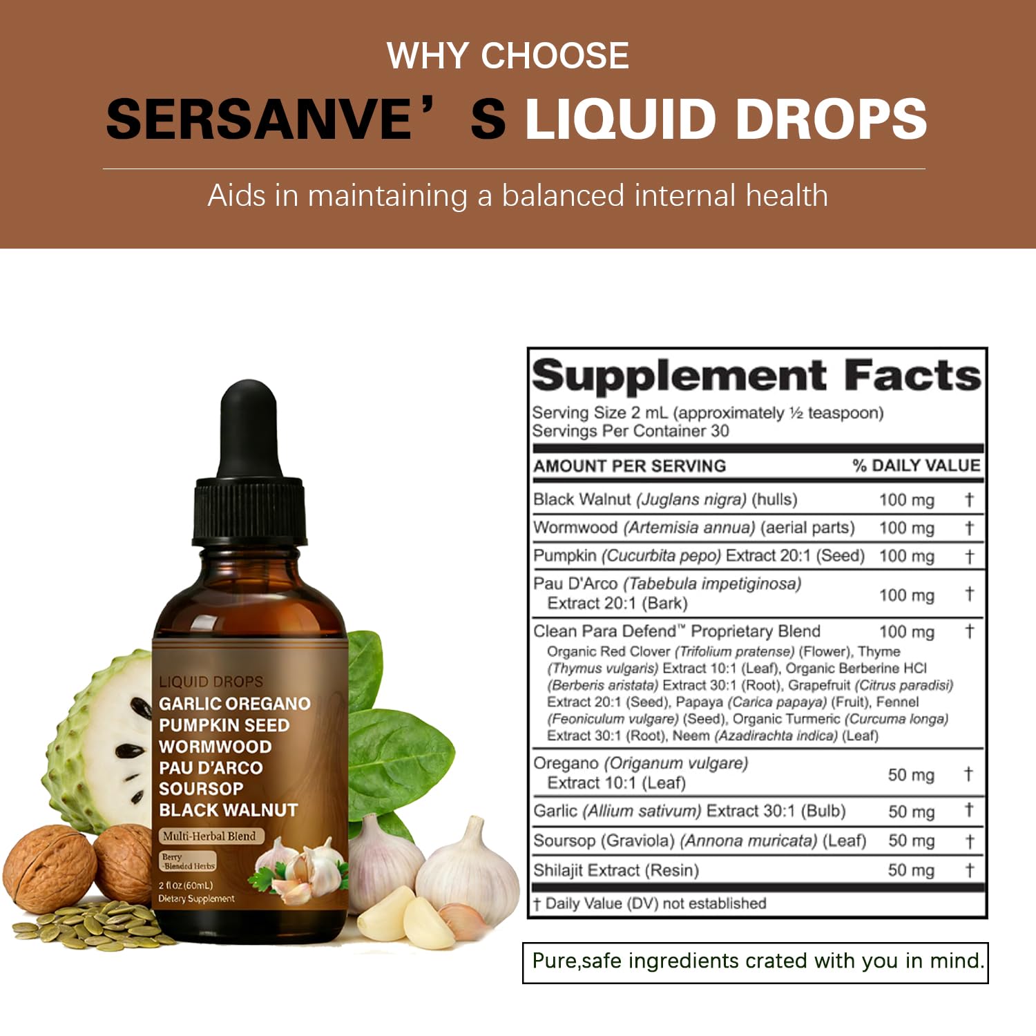 SERSANVE Natural Black Walnut Wormwood Gut Cleanse | Black Walnut Clove Drops with Pumpkin Seed, PAU D’Arco, Soursop, Garlic and Oregano | Vegan, Alcohol-Free Formula for Digestion Support, 2 fl oz - Maple Wellness Supplements