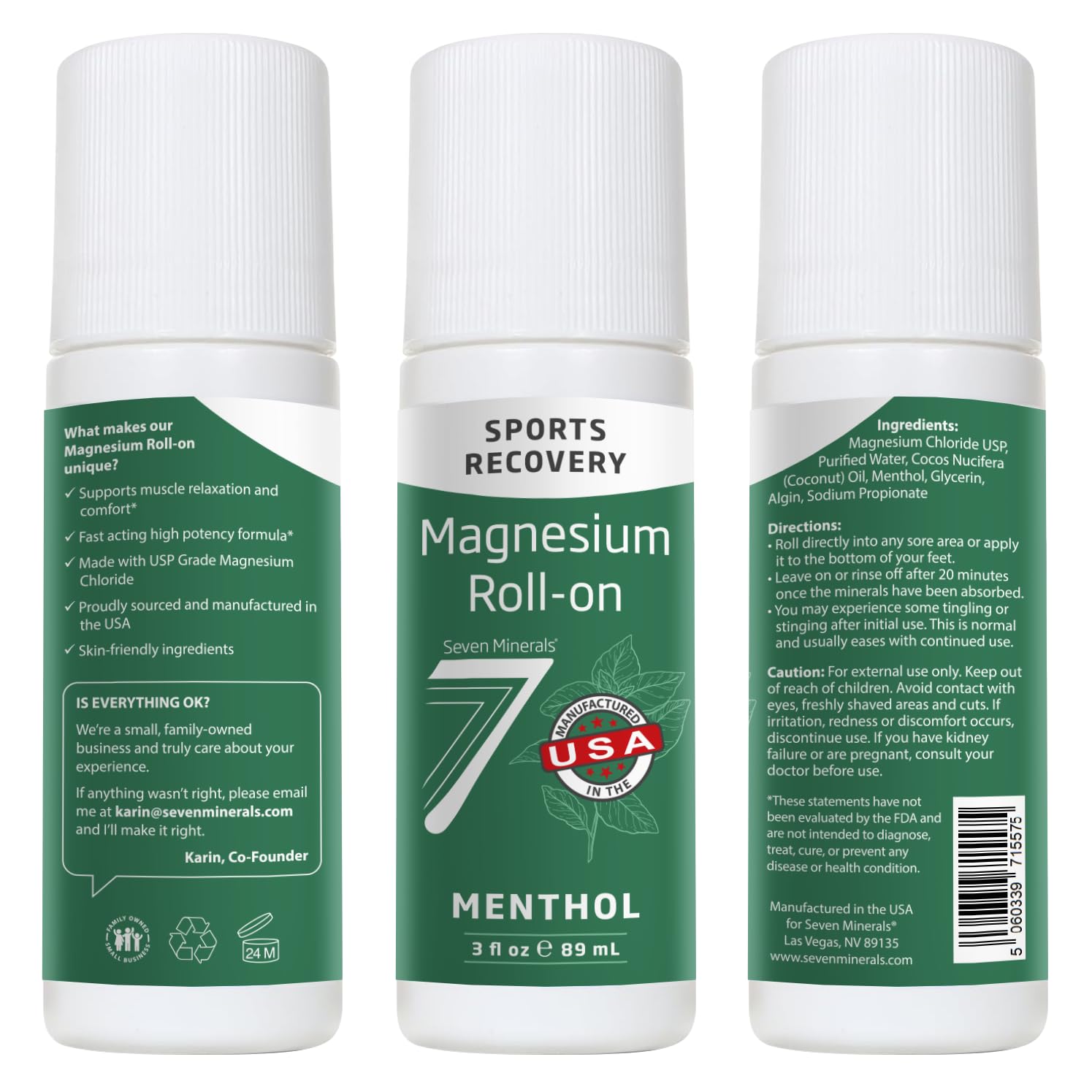 Seven Minerals Magnesium Roll On Stick with Menthol for Pain Relief - Cooling Magnesium Oil for Sports Recovery, Sore Muscles, Backache - Fast Acting - All Natural Alternative, 3 Fl Oz - Maple Wellness Supplements