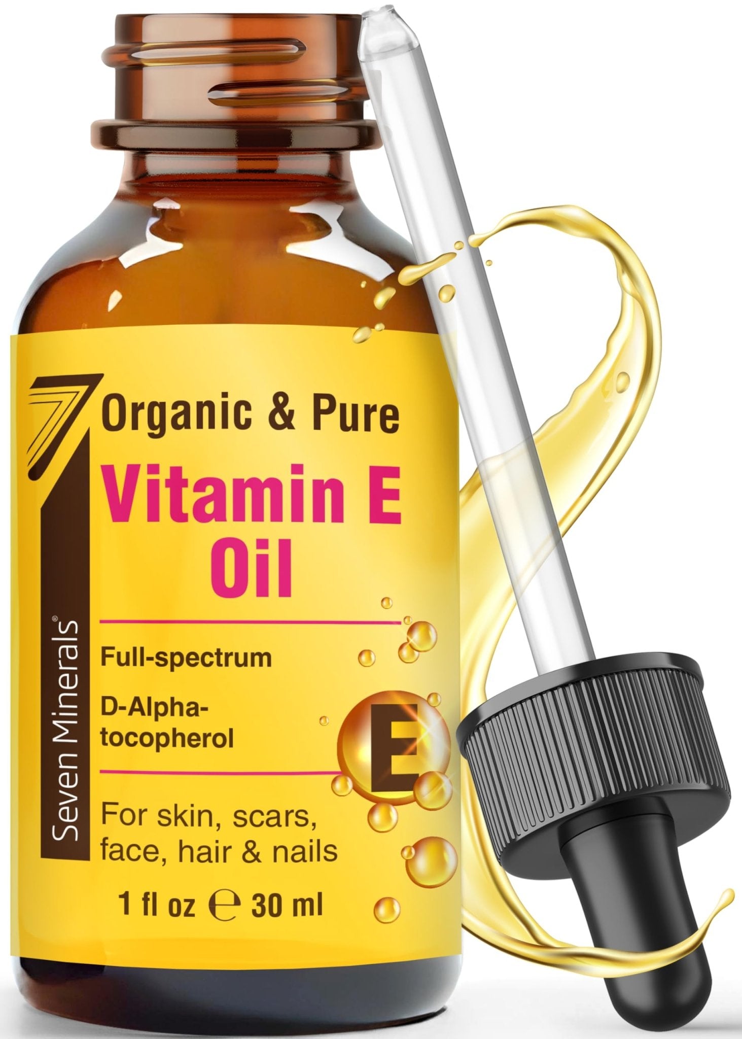 Seven Minerals Ultra Pure Vitamin E Oil - Full-Spectrum D-Alpha Tocopherol, 1 Fl Oz - 100% Organic Vitamin E Oil for Skin - Maple Wellness Supplements