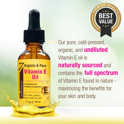 Seven Minerals Ultra Pure Vitamin E Oil - Full-Spectrum D-Alpha Tocopherol, 1 Fl Oz - 100% Organic Vitamin E Oil for Skin - Maple Wellness Supplements