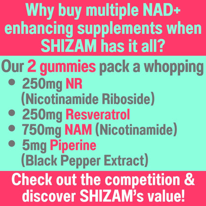 SHIZAM Nicotinamide Riboside NR NAM Resveratrol Gummies, 1000mg NAD+ NAD + Plus Nrf2 Activator Booster w Pure Niacinamide Vitamins B3 Capsules Pills Powder Supplements Alt NDA Regenerator 500mg - Maple Wellness Supplements