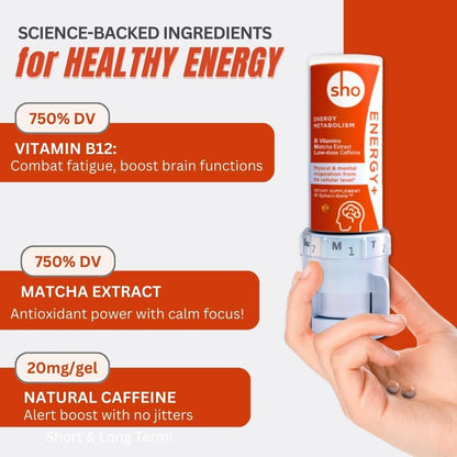 SHO Vegan Energy+ Focus Supplement Kit- Matcha Green Tea Extract, Methylated B Complex, Vitamin B and Caffeine Natural Energy Booster Without Crash, Jitters for Men and Women - 60 Pills Refill Bottle - Maple Wellness Supplements