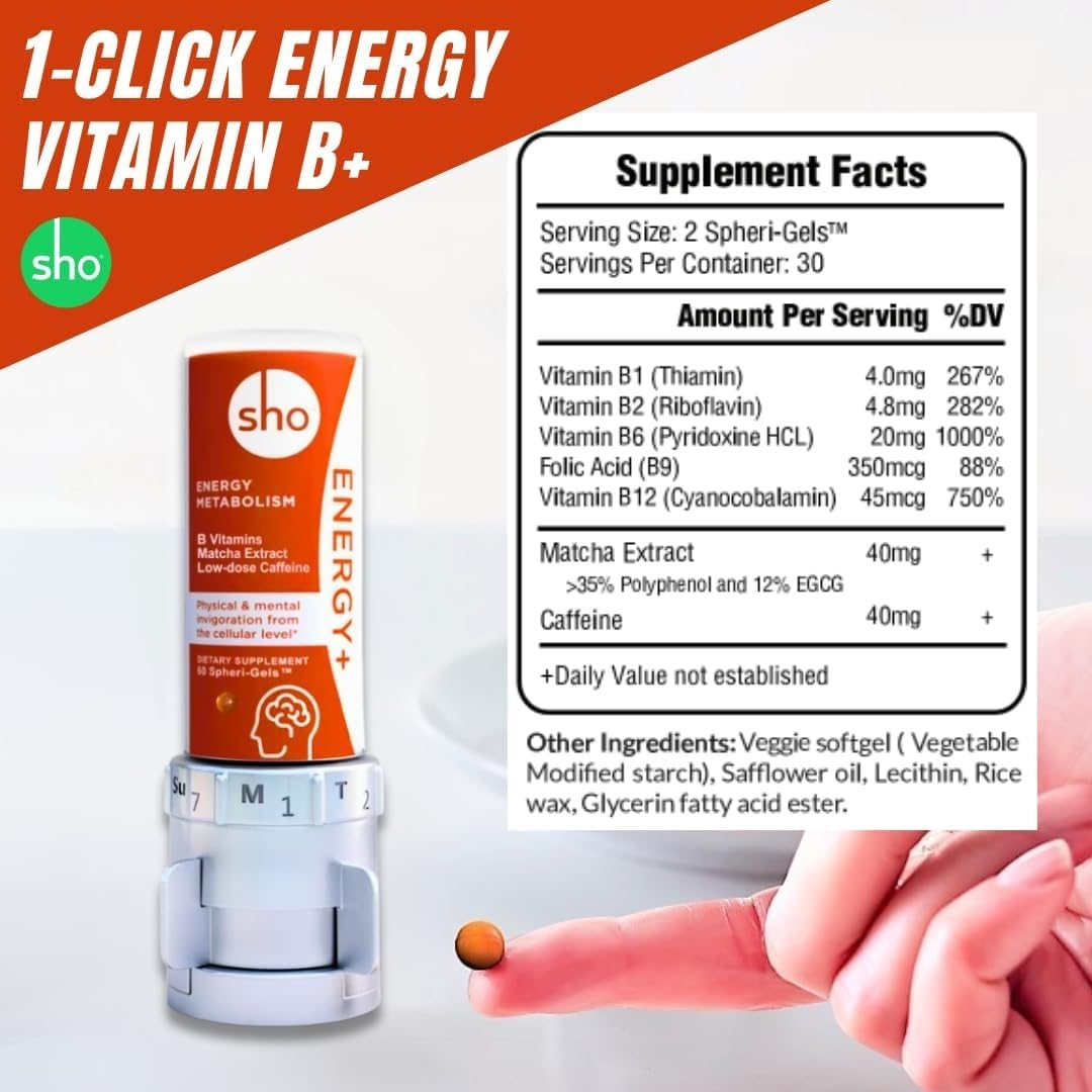 SHO Vegan Energy+ Focus Supplement Kit- Matcha Green Tea Extract, Methylated B Complex, Vitamin B and Caffeine Natural Energy Booster Without Crash, Jitters for Men and Women - 60 Pills Refill Bottle - Maple Wellness Supplements