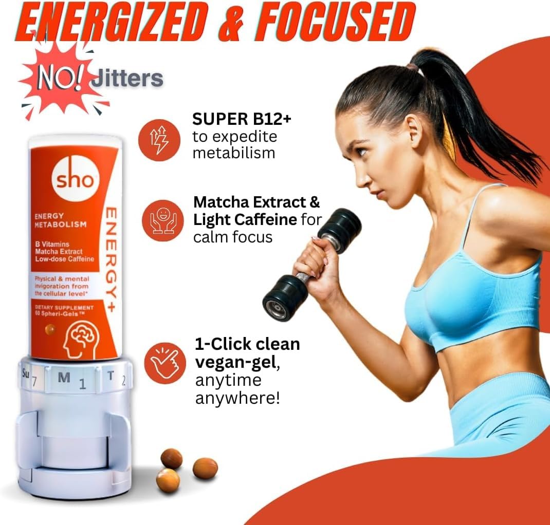 SHO Vegan Energy+ Focus Supplement Kit- Matcha Green Tea Extract, Methylated B Complex, Vitamin B and Caffeine Natural Energy Booster Without Crash, Jitters for Men and Women - 60 Pills Refill Bottle - Maple Wellness Supplements