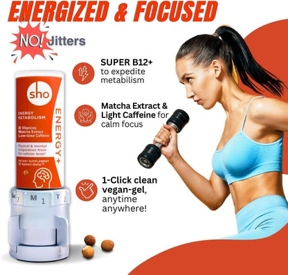 SHO Vegan Energy+ Focus Supplement Kit- Matcha Green Tea Extract, Methylated B Complex, Vitamin B and Caffeine Natural Energy Booster Without Crash, Jitters for Men and Women - 60 Pills Refill Bottle - Maple Wellness Supplements
