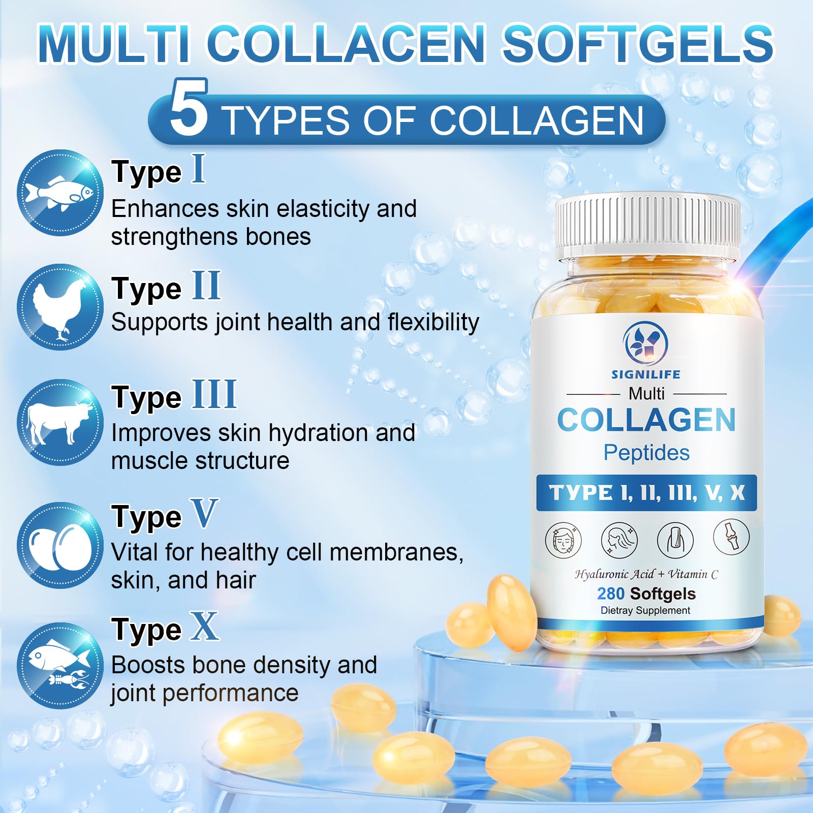 SIGNILIFE Multi Collagen Peptides for Women & Men, Hydrolyzed Collagen Peptides-Type I, II, III, V, X - with Hyaluronic Acid,Vitamin C,Biotin - Maple Wellness Supplements