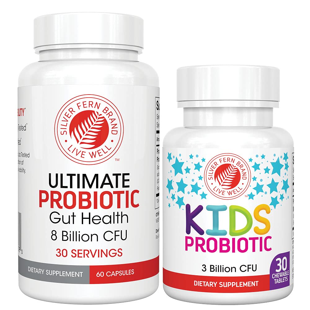 Silver Fern Brand Family Probiotics - Ultimate Adult Probiotic (1 Bottle = 60 Capsules) Plus Ultimate Children's Probiotic for Kids (1 Bottle = 30 Chewables) - Gut Health & Microbiome Support - Maple Wellness Supplements