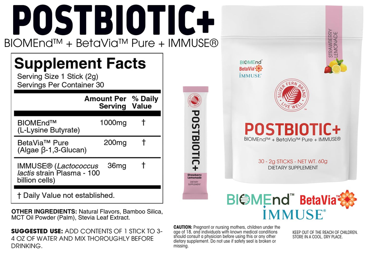 Silver Fern Brand Postbiotic+ Strawberry Lemonade Powder – Postbiotic Supplement with BIOMend™, BetaVia™, and Immuse® – Supports The Digestive System - Maple Wellness Supplements