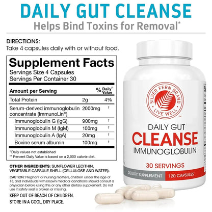 Silver Fern Cleanse - Daily Gut - 1 Bottle - 120 Capsules - 30 Day Supply - Immunoglobulin G, A & M -(IgG, IGA, IgM) - Postbiotic - Maple Wellness Supplements