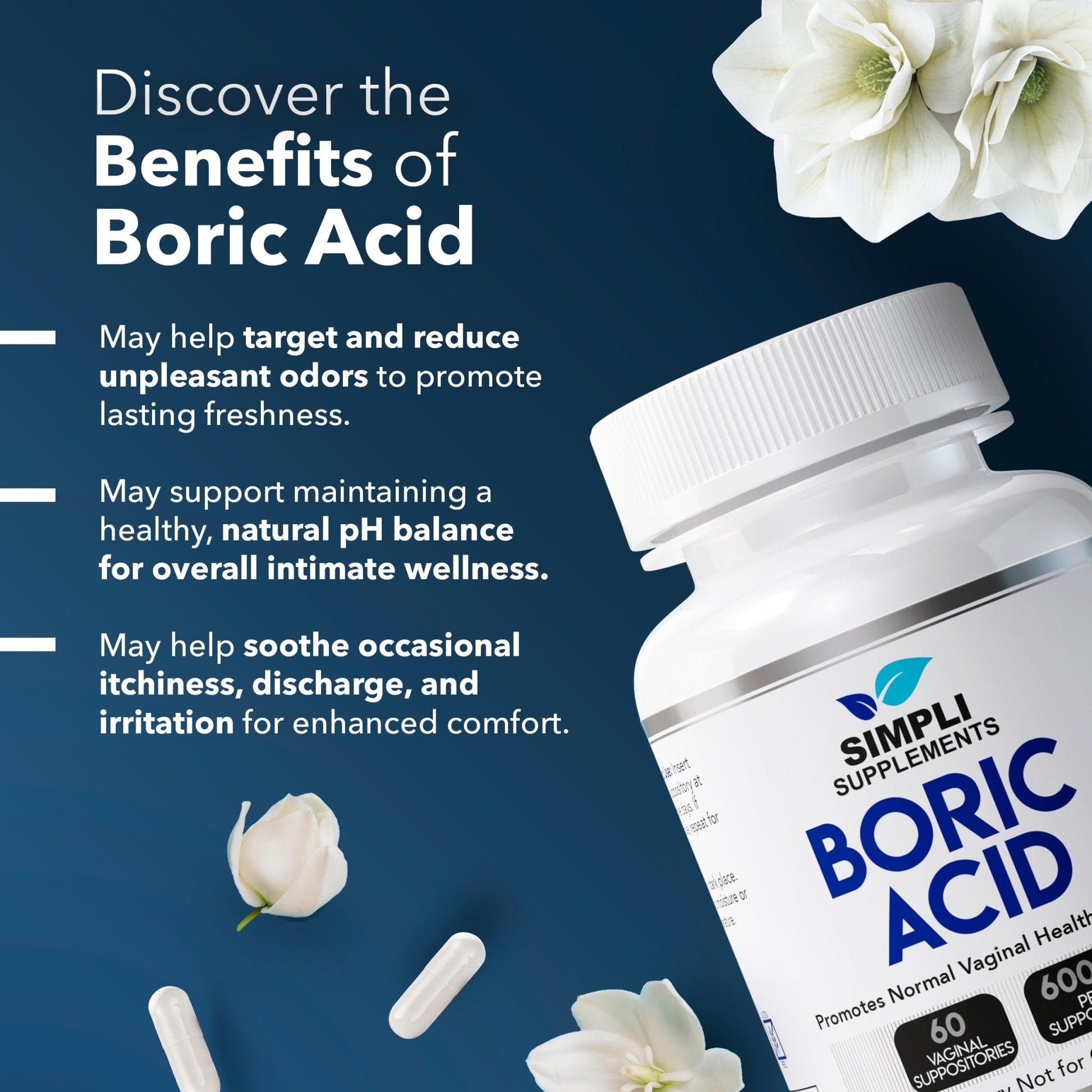 Simpli Supplements Boric Acid Suppositories for Women 600mg – 60 Count | Vaginal pH Balance Support | Feminine Care | Helps Maintain Freshness & Odor Control - Maple Wellness Supplements