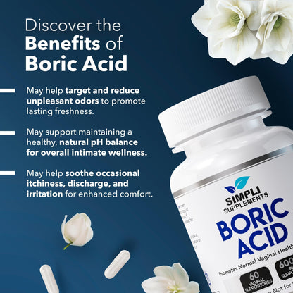 Simpli Supplements Boric Acid Suppositories for Women 600mg – 60 Count | Vaginal pH Balance Support | Feminine Care | Helps Maintain Freshness & Odor Control - Maple Wellness Supplements