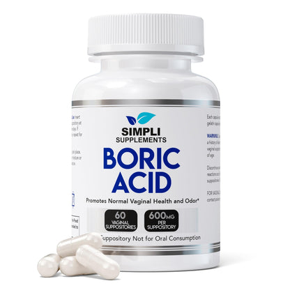 Simpli Supplements Boric Acid Suppositories for Women 600mg – 60 Count | Vaginal pH Balance Support | Feminine Care | Helps Maintain Freshness & Odor Control - Maple Wellness Supplements