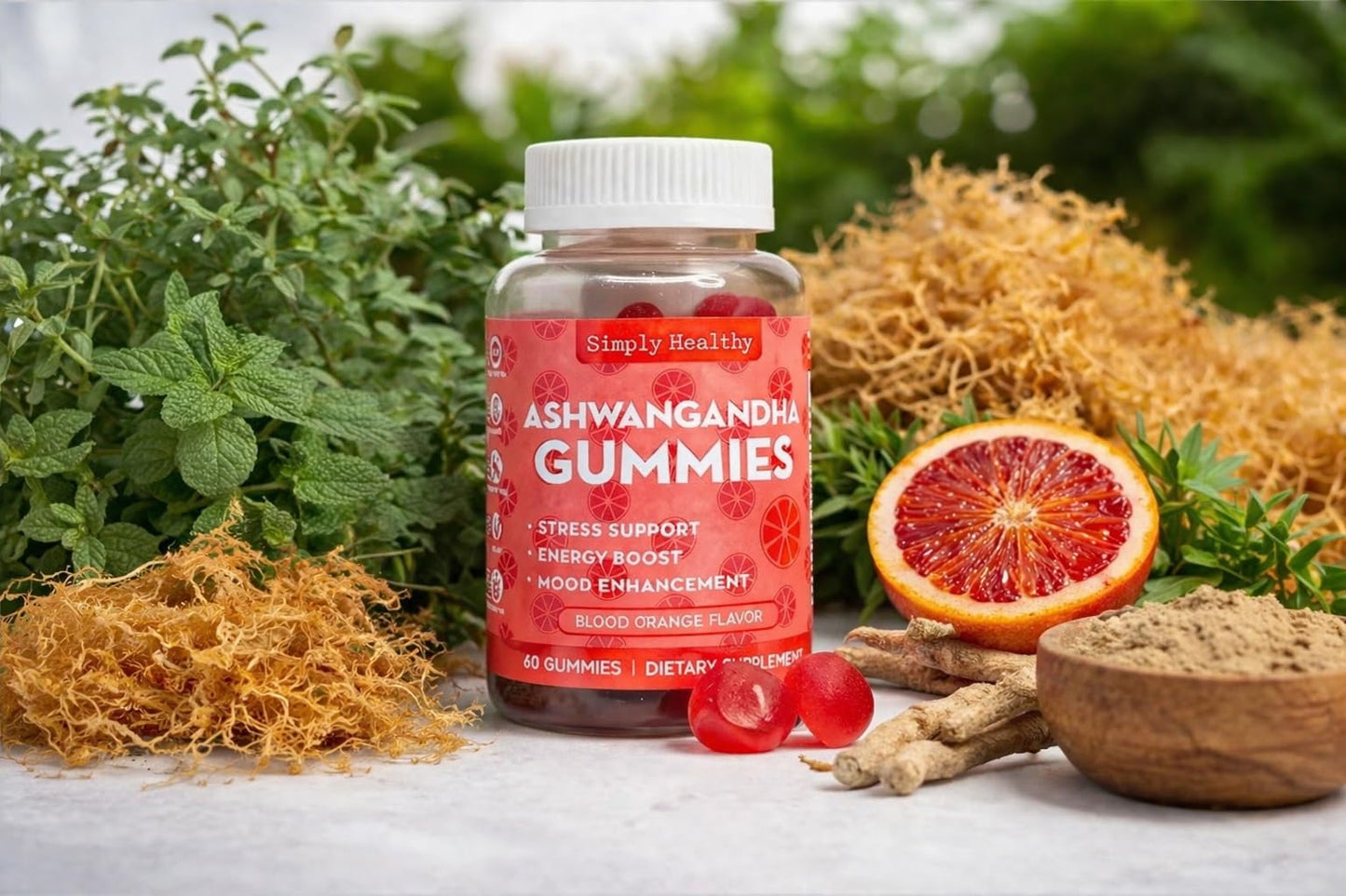 Simply Healthy Premium Ashwagandha Gummies, Stress Support with Blood Orange Flavor, Vegan, Easy to Chew, Daily Aid, Energy Booster, Mood Enhancer, for Both Men and Women, 60 Gummies - Maple Wellness Supplements