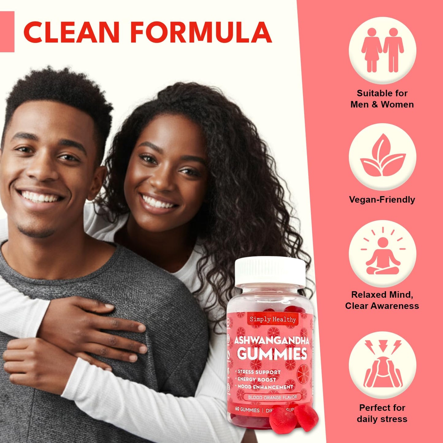 Simply Healthy Premium Ashwagandha Gummies, Stress Support with Blood Orange Flavor, Vegan, Easy to Chew, Daily Aid, Energy Booster, Mood Enhancer, for Both Men and Women, 60 Gummies - Maple Wellness Supplements