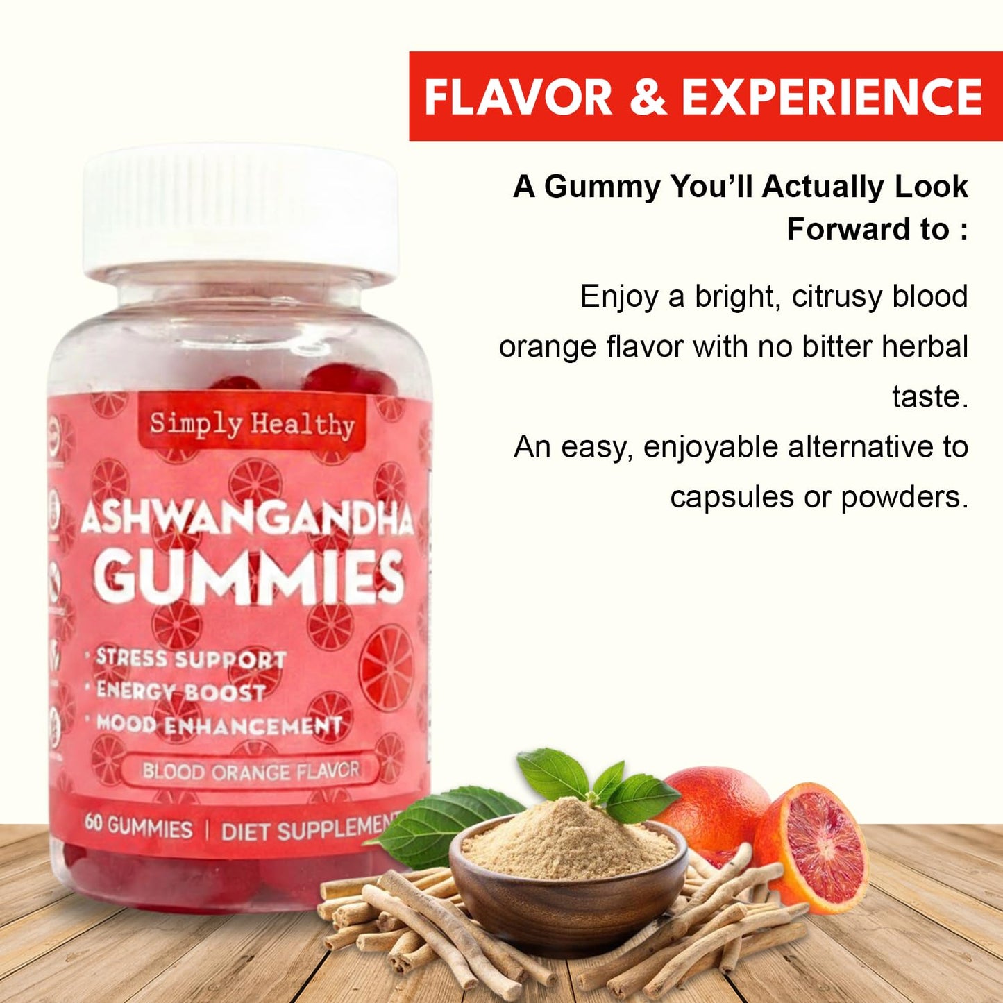 Simply Healthy Premium Ashwagandha Gummies, Stress Support with Blood Orange Flavor, Vegan, Easy to Chew, Daily Aid, Energy Booster, Mood Enhancer, for Both Men and Women, 60 Gummies - Maple Wellness Supplements