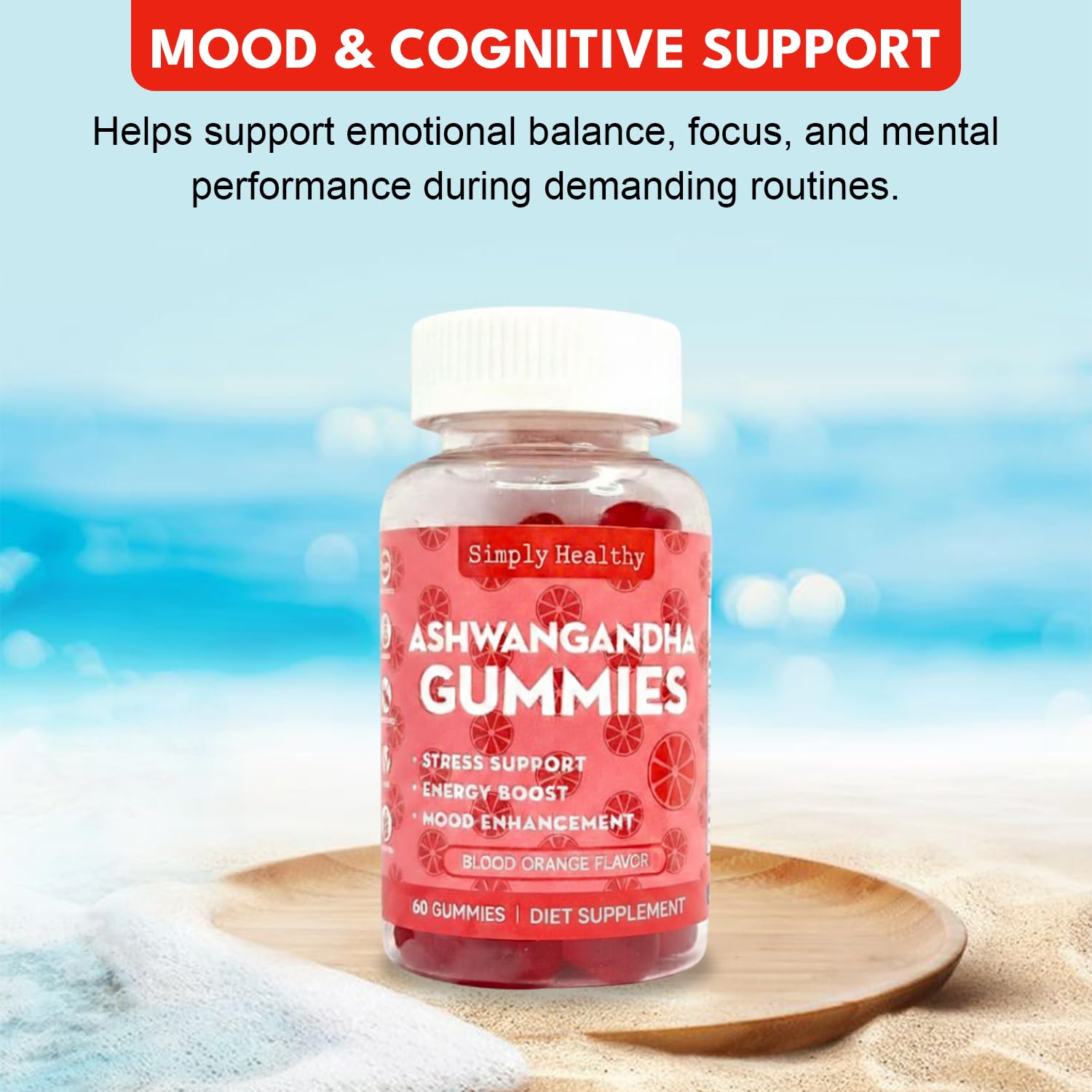 Simply Healthy Premium Ashwagandha Gummies, Stress Support with Blood Orange Flavor, Vegan, Easy to Chew, Daily Aid, Energy Booster, Mood Enhancer, for Both Men and Women, 60 Gummies - Maple Wellness Supplements