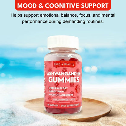 Simply Healthy Premium Ashwagandha Gummies, Stress Support with Blood Orange Flavor, Vegan, Easy to Chew, Daily Aid, Energy Booster, Mood Enhancer, for Both Men and Women, 60 Gummies - Maple Wellness Supplements