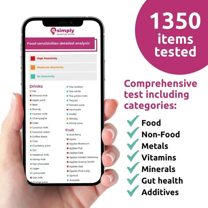 Simply Sensitivity Checks 1350+ Items Food Sensitivity Test Kit for Adults – Foods & Non-Foods, Including Lactose, Gluten, Vitamins, Minerals, Gut Health & More – at-Home Food Intolerance Test Kit - Maple Wellness Supplements
