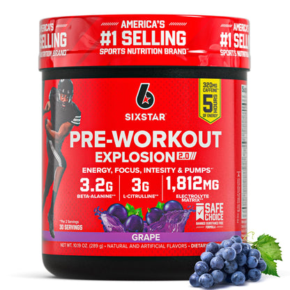 Six Star Pre-Workout Explosion, Grape (30 Servings) - Preworkout Energy Powder Supplement for Men & Women - Workout Drink Mix with L-Tyrosine & Beta Alanine - Maple Wellness Supplements