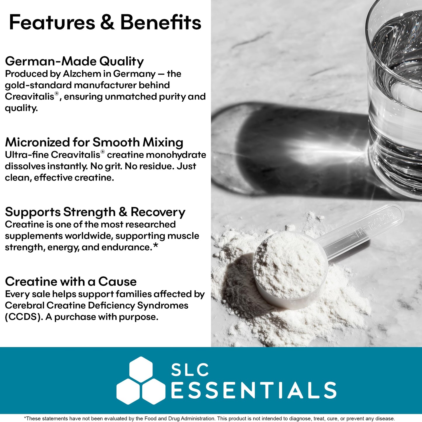 SLC Essentials Creatine Monohydrate Powder | 100% Pure Micronized Creavitalis® | German-Made | Unflavored, No Fillers | Supports Muscle Strength, Recovery, & Cognitive Energy | 5g Servings - Maple Wellness Supplements