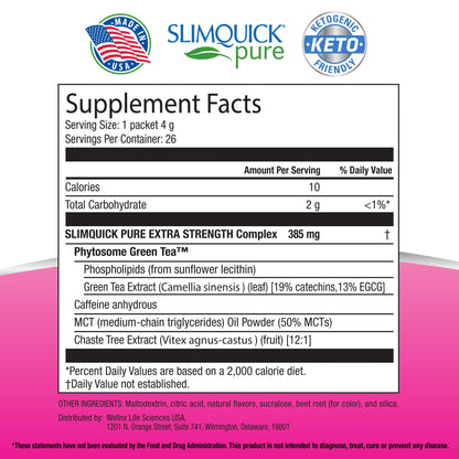 SlimQuick Pure 3X Extra Strength Drink Mix Packets, Metabolism & Weight Management for Women, Helps in Fat Breakdown, with Green Tea, Caffeine, Chaste Tree, - Maple Wellness Supplements