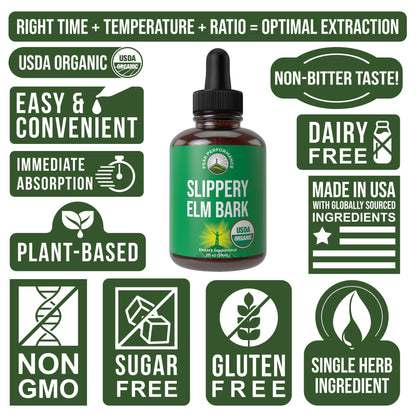 Slippery Elm Bark USDA Organic Vegan Liquid Drops. Extract with High Bioavailability for Women, Men, Kids. for Sore Throat, Irritated Stomach. Zero Sugar, Gluten Free, Tincture Supplement No Capsules - Maple Wellness Supplements