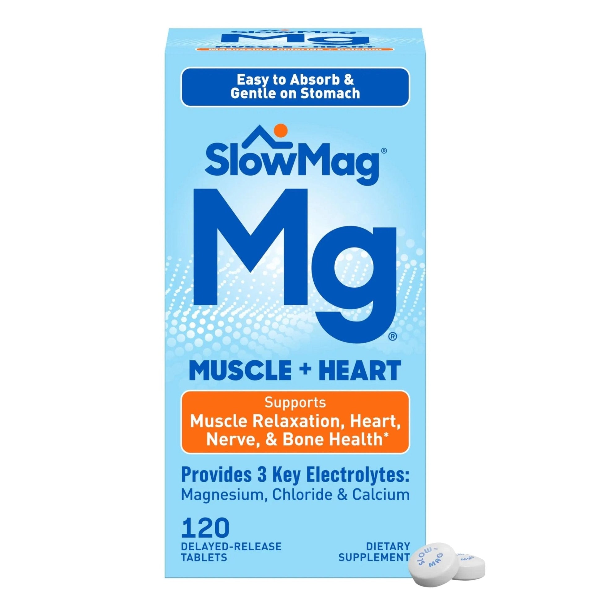 SlowMag Muscle & Heart Magnesium Chloride Supplement with Calcium, 120 Count, Supports Muscle Relaxation, Heart, Nerve & Bone Health, High Absorption - Maple Wellness Supplements