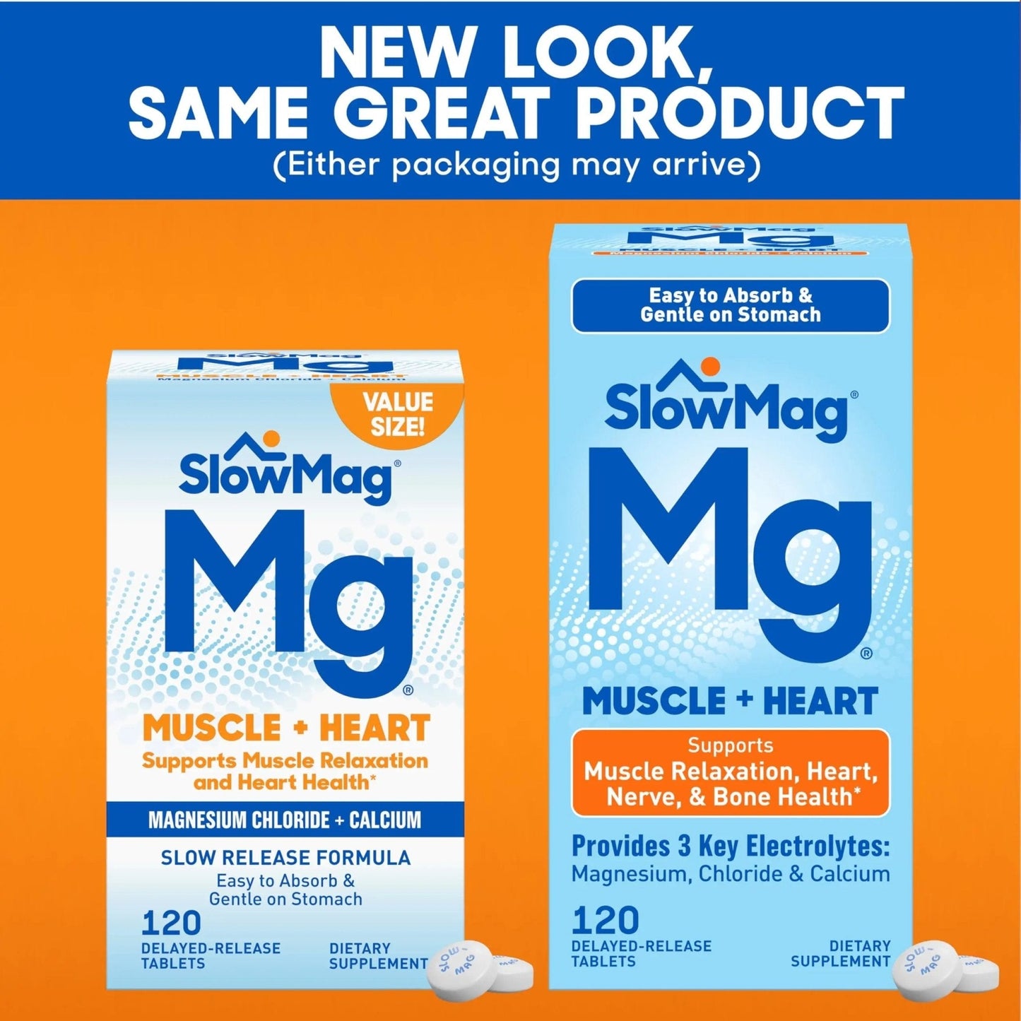 SlowMag Muscle & Heart Magnesium Chloride Supplement with Calcium, 120 Count, Supports Muscle Relaxation, Heart, Nerve & Bone Health, High Absorption - Maple Wellness Supplements