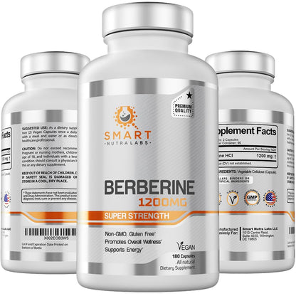 Smart Nutra Labs Premium Berberine HCL 1200mg- 180 Vegan Capsules, 100% Pure - Maple Wellness Supplements