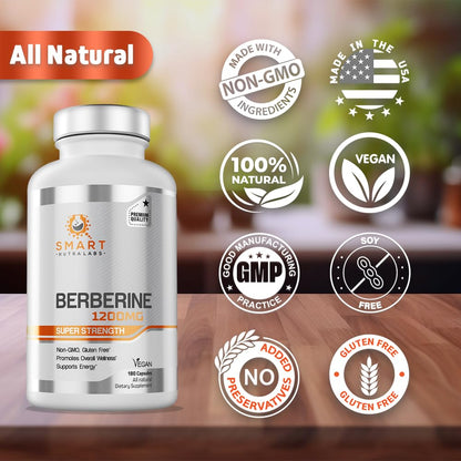 Smart Nutra Labs Premium Berberine HCL 1200mg- 180 Vegan Capsules, 100% Pure - Maple Wellness Supplements