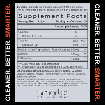 SmarterVitamins 200mg Caffeine Pills - MCT Oil from 100% Coconuts + 100mg L-Theanine, Energy and Focus - Maple Wellness Supplements