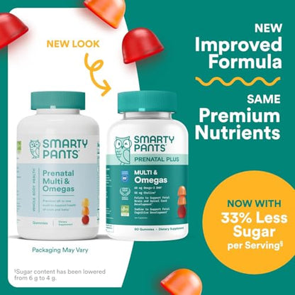 SmartyPants Prenatal Multivitamin Gummies with Omega 3 DHA/EPA, Methylfolate, Biotin, Vitamins D3, C, B12, B6, A, K, and Zinc, Gluten Free, Clean Label - Maple Wellness Supplements