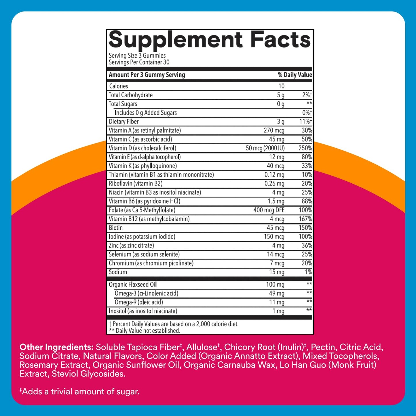 SmartyPants Zero Sugar Women’s Multivitamin Gummies: Biotin, Methylfolate, Omega 3 (ALA), Vitamin D3, C, Vitamin B12, B6, A, K, Zinc, Inositol - Maple Wellness Supplements