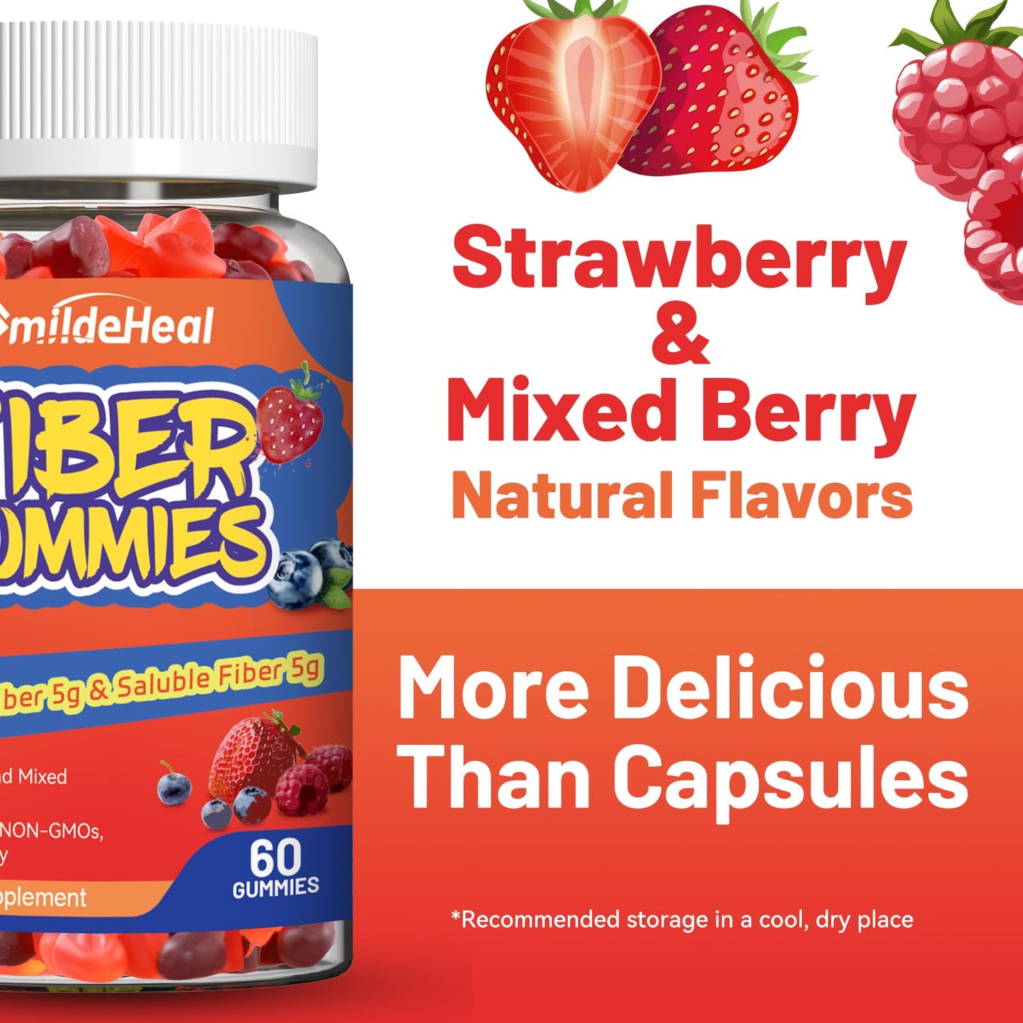 SmildeHeal Fiber Gummies, Dietary Fiber, for Women and Men, Gut Health Support, Non-GMOs, Non-Gluten, Vegan, Mixed Berry and Strawberry Flavor, 60 Count Gummies - Maple Wellness Supplements