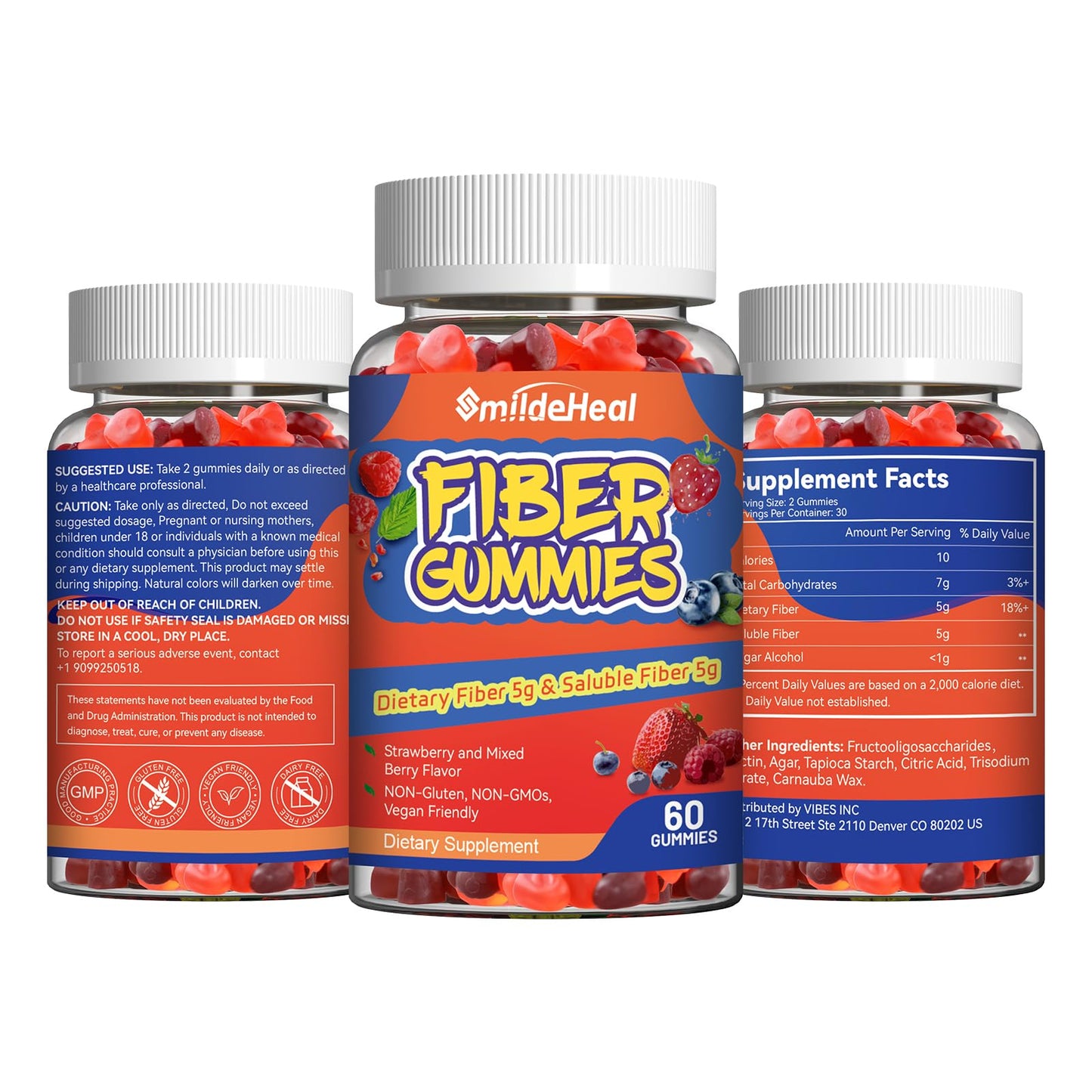 SmildeHeal Fiber Gummies, Dietary Fiber, for Women and Men, Gut Health Support, Non-GMOs, Non-Gluten, Vegan, Mixed Berry and Strawberry Flavor, 60 Count Gummies - Maple Wellness Supplements