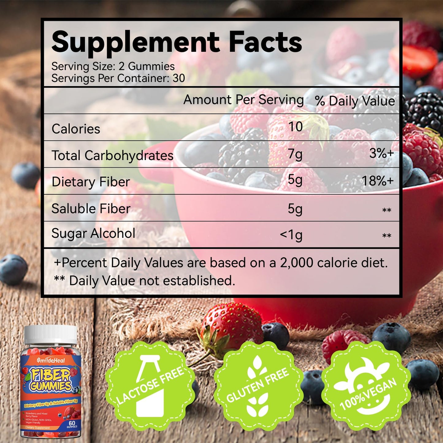 SmildeHeal Fiber Gummies, Dietary Fiber, for Women and Men, Gut Health Support, Non-GMOs, Non-Gluten, Vegan, Mixed Berry and Strawberry Flavor, 60 Count Gummies - Maple Wellness Supplements