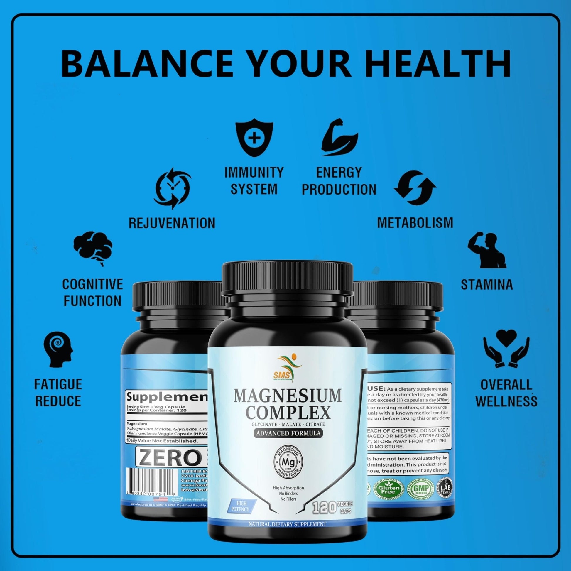 SMSHEALTHPRODUCTS.com Magnesium Complex | 470mg of Magnesium Glycinate, Malate, & Citrate for Muscles, Nerves, & Energy | High Absorption | Vegan, Non-GMO | 120 Capsules - Maple Wellness Supplements
