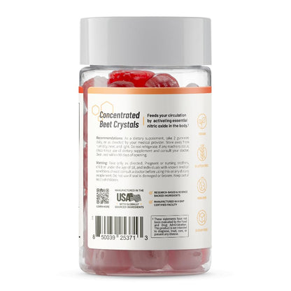 Snap Supplements Nitric Oxide Beet Root Gummies Supplement with Organic Beets - Energy & Circulation Support, 60 Sugar-Free Gummies (30 Servings, 1 Month Supply), Peach - Maple Wellness Supplements
