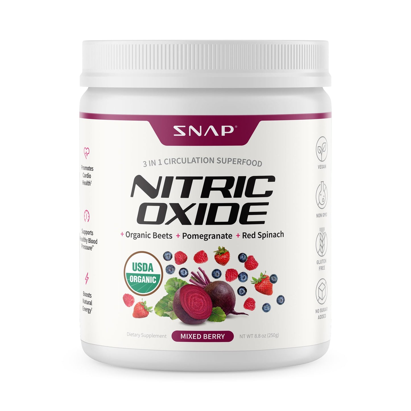 Snap Supplements Organic Beet Root Powder Nitric Oxide Supplement for Men & Women, Red Spinach & Pomegranate, Supports Healthy Energy & Blood Pressure Already in Normal Range, 30 Servings, Mixed Berry - Maple Wellness Supplements